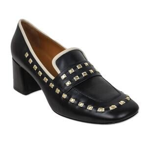 Tory Burch Studded Leather Block‑Heel Loafer Black/Beige 2″ Heel Size 6.5